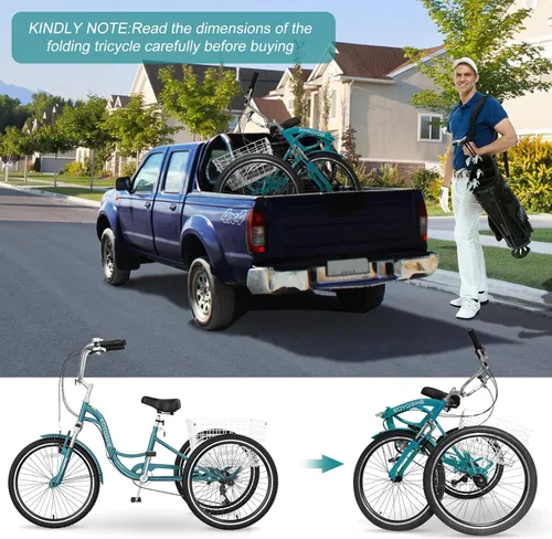 Miniatura 5 de MOPHOTO Triciclo plegable para adultos, 7 velocidades, 20/24/26 pulgadas, bicicleta de 3 ruedas para personas mayores, mujeres y hombres, bicicleta