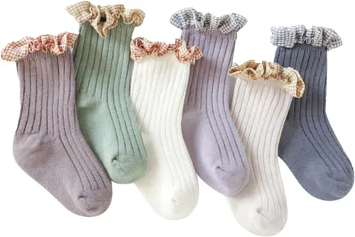 TIBE PINCESS Calcetines de tobillo vintage con volantes para bebés y niñas, calcetines de encaje acanalados a cuadros para vestir