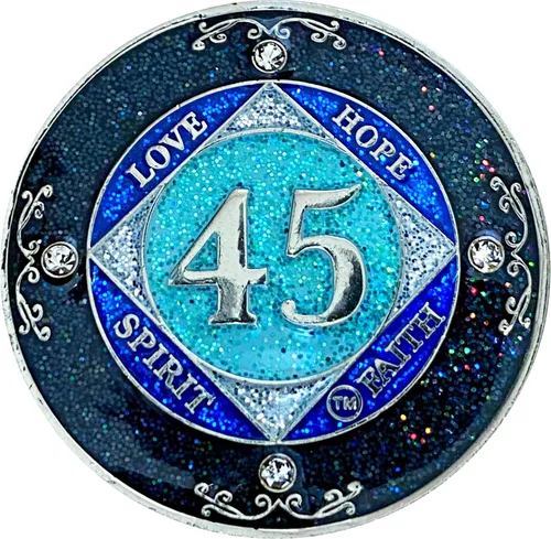 Miniatura 34 de NA 1 año de cristales y medallón de purpurina, moneda chapada en color plateado, arco iris negro, purpurina azul y cuatro cristales transparentes
