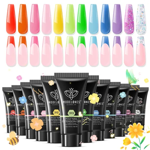 Miniatura 14 de modelones Kit de gel de extensión de polivinílico de 12 colores, juego de uñas de poliéster para todas las estaciones, colores nude, rosa, azul