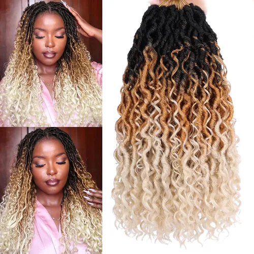 Miniatura 24 de COOKOO 14 pulgadas, 8 piezas de cabello de ganchillo Goddess Locs en total 112 hebras de pelo sintético negro natural de ganchillo de río hippie