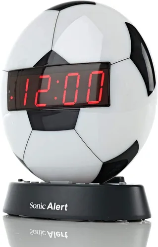 Sonic Alert Reloj despertador con balón de fútbol con luz nocturna brillante, batería de reserva y atenuador de rango completo, reloj despertador