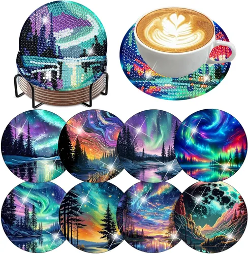 Miniatura 11 de ijbnhd 8 posavasos de pintura de diamante al atardecer con soporte, posavasos de arte abstracto de diamantes para principiantes, suministros