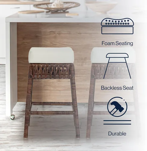 Miniatura 4 de JONATHAN Y Bali - Taburete de mimbre tejido de 25.6 pulgadas con cojín, taburete bohemio marrón oscuro con reposapiés para isla de cocina, bar