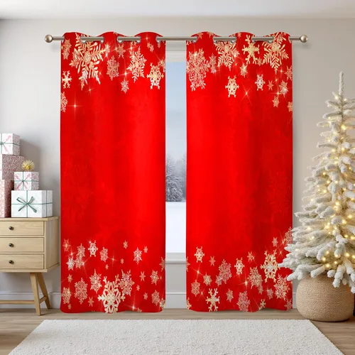 Miniatura 12 de Renaiss Cortinas opacas de Navidad con tablones de madera rústica para dormitorio, con ojales, estampado de copos de nieve navideños, cortinas