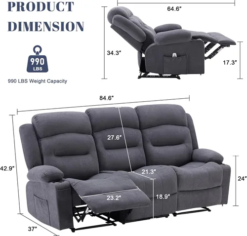 Miniatura 2 de Weture Sofá reclinable extra grande con calor y masaje, sofá reclinable de pared con portavasos y puerto USB, sofá reclinable grande de 3 plazas