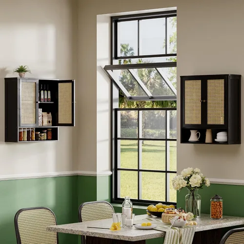 Miniatura 9 de Armario de pared de baño, organizador de almacenamiento de bambú sobre el inodoro con 2 puertas de ratán y estante ajustable, gabinete de medicina