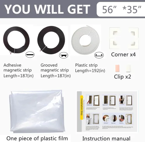 Miniatura 5 de Kit de aislamiento magnético para ventanas, película transparente con marco blanco máximo de 56 x 35 pulgadas, se adapta a cualquier