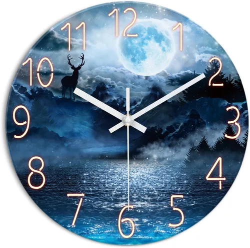 Miniatura 7 de XFM Reloj de pared azul con pilas, 12 pulgadas, silencioso, sin tictac, de cristal, luna, océano, ondas, relojes redondos para decoración de cocina