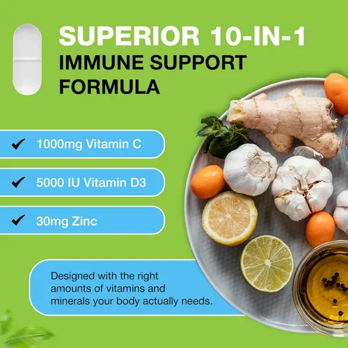 Miniatura 4 de Suplemento de apoyo del sistema inmunológico 10 en 1: vitamina C (1000 mg), quercetina, vitamina D3 (5000iu), zinc (40 mg), saúco, equinácea