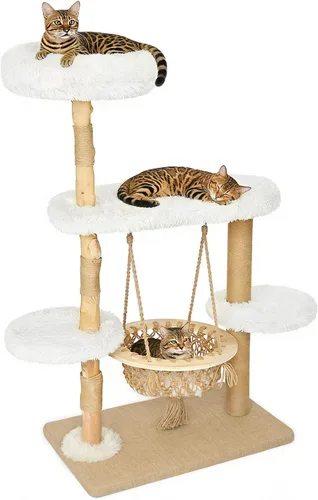Árbol de madera maciza para gatos de interior, torre moderna de varios niveles para gatos de 54 pulgadas con cesta colgante, postes rascadores de