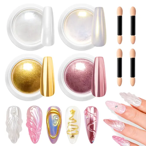 Miniatura 9 de 【Efecto espejo metálico n.º 1】Polvo de uñas cromado dorado LEDSUUEI – Polvo holográfico Aurora iridiscente perlado dorado cromado, blanco, perla