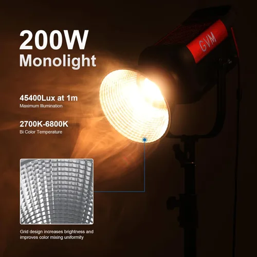 Miniatura 2 de GVM - Luz de video LED de 200 W, salida continua de 2700 K-6800 K, luz LED COB con control de aplicación DMX/Bluetooth, luz de estudio de YouTube