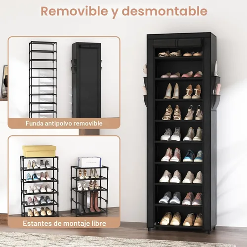 Miniatura 6 de VILICK - Zapatero con cubierta, organizador de zapatos estrecho con 4 bolsillos laterales, estante alto de 10 niveles, almacenamiento para 18-22