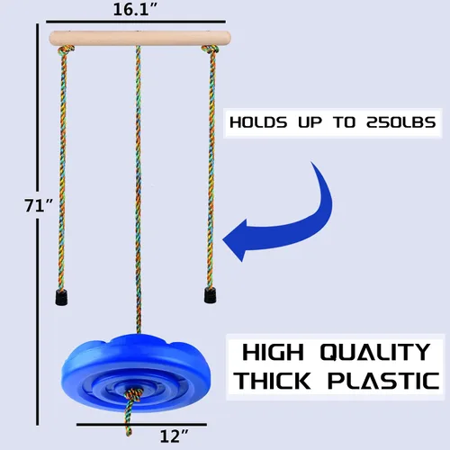 Miniatura 5 de Columpio de disco para niños, columpio de cuerda ajustable, accesorios con barras de mono, 1 mosquetón, 2 correas colgantes añadidas 3 en 1, juego
