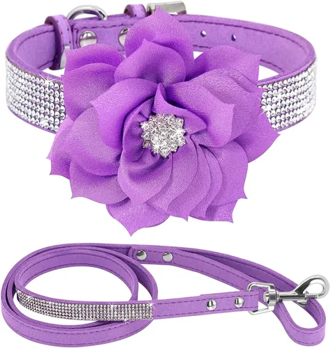 Miniatura 15 de Conjunto de Collar y Correa para Mascotas, Bonito y Deslumbrante de Ante Suave con Diamantes de Imitación de Cristal, Collar y Correa para Gatos