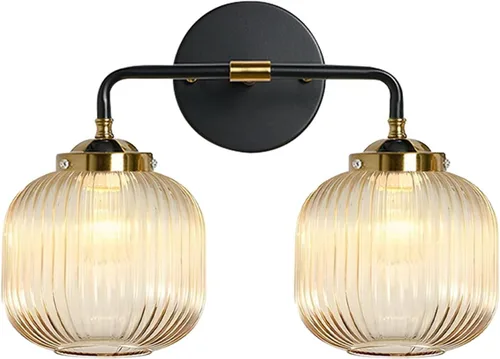 Miniatura 10 de Lámparas de baño de mediados de siglo, aplique de pared de 2 luces con pantalla de vidrio con rayas verdes, luz de montaje en pared, luces modernas