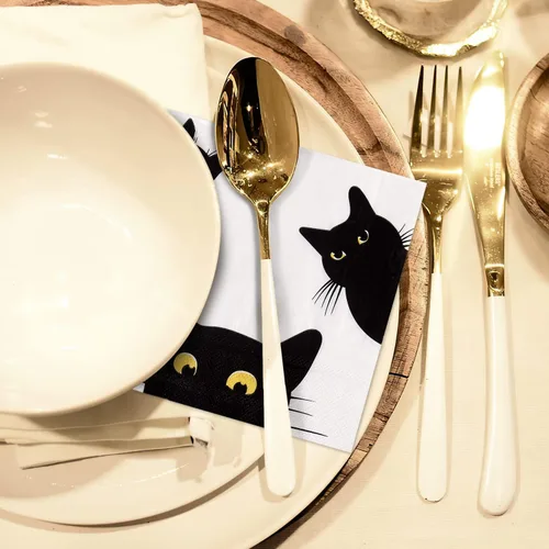 Miniatura 6 de Quera Paquete de 50 servilletas de papel desechables de gato negro, suministros para fiestas, servilletas de papel de Halloween, servilletas