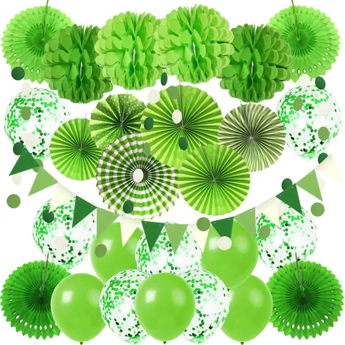 Miniatura 11 de ZERODECO Juego de abanicos de papel para colgar en fiestas, globos de confeti rosa, abanicos plegables decorativos, pompones de papel, banderas