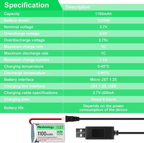 Miniatura 5 de Batería Li de 3.7 V 1100 mAh con cable de cargador USB 102540 1S LiPo batería con placa de protección, cinta de goma aislada y enchufe micro JST
