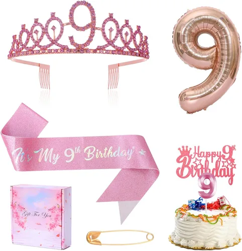 Decoración de 9º cumpleaños para niña, banda, corona de diamantes de imitación, decoración de pastel, globo de aluminio, suministros de fiesta (rosa)