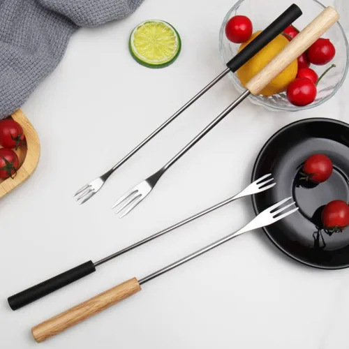 Miniatura 9 de CALLARON 12 tenedores para fondue de acero inoxidable, mango de madera, tenedor de chocolate, herramientas de fondue de queso, tenedores de fondue