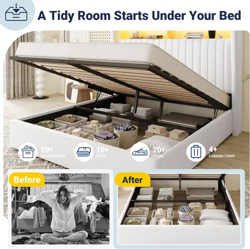 Miniatura 3 de Allewie Marco de cama de almacenamiento hidráulico elevable, tamaño Queen, cabecero de estante de 2 niveles con luces LED y estación de carga, Blanco