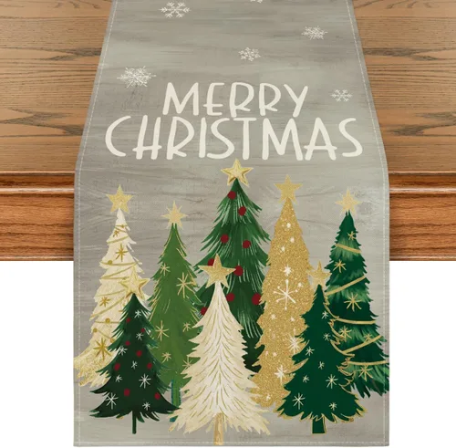 Miniatura 10 de Artoid Mode Camino de Mesa de Feliz Navidad con Árboles de Navidad y Copos de Nieve Rojos 210 GSM, Decoración de Mesa de Comedor de Cocina