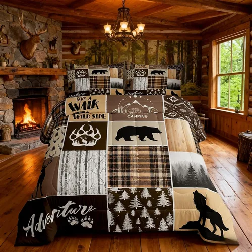 Miniatura 4 de Juego de edredón rústico para niños estilo granja de tamaño queen, juego de ropa de cama con diseño de astas de ciervo y huellas de oso, estampado a