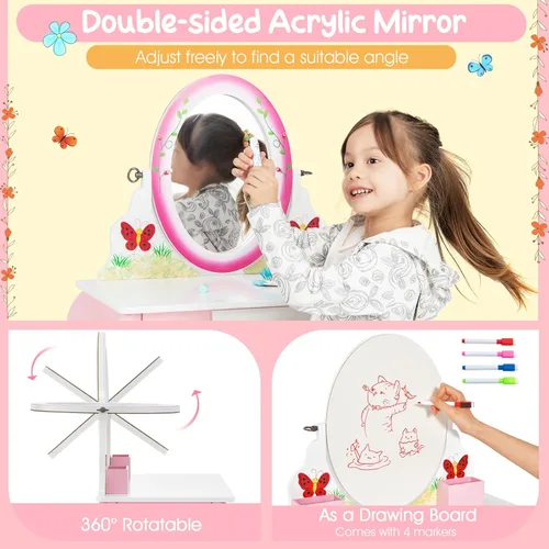Miniatura 2 de Costzon Vanity - Juego de tocador para niñas con espejo y taburete, cajón, rejillas de almacenamiento, tocador 2 en 1, tocador de maquillaje, mesa