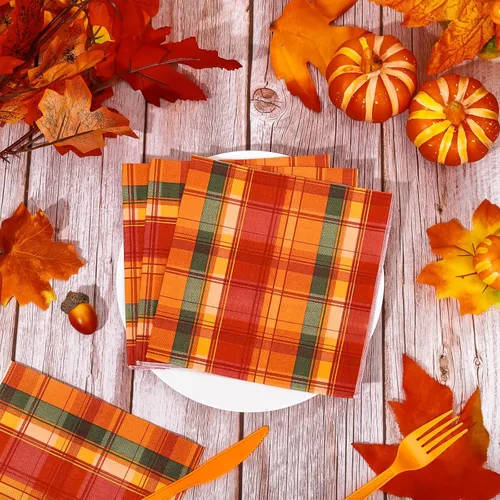 Miniatura 3 de Whaline Paquete de 80 servilletas de papel de otoño de 6.5 x 6.5 pulgadas, servilletas de papel desechables a cuadros rojos, naranja y verde