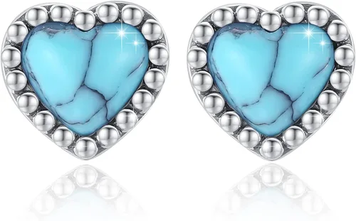 Aretes de plata de ley S925 con forma de corazón y turquesa, aretes de turquesa vintage, regalo para orejas sensibles, para mujeres y niñas, amantes