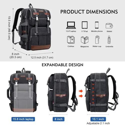 Miniatura 3 de Mochila de lona WITZMAN con puerto de carga USB, mochila grande de viaje, equipaje de mano, apta para laptops de 17 pulgadas, para hombres, Negro