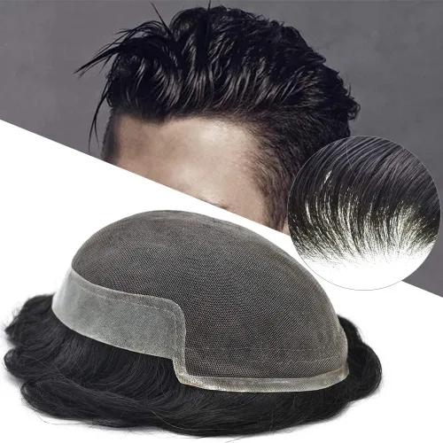 Miniatura 199 de Sistema de repuesto de cabello humano europeo con encaje frontal suizo para hombre, tupé para hombre, pieza de cabello, nudo blanqueado, línea #17