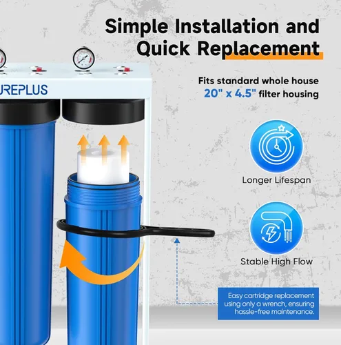 Miniatura 6 de PUREPLUS Filtro de agua de 3 etapas para toda la casa de 20 pulgadas, sistema de filtración para el hogar Sedimentos, carbón activado granular
