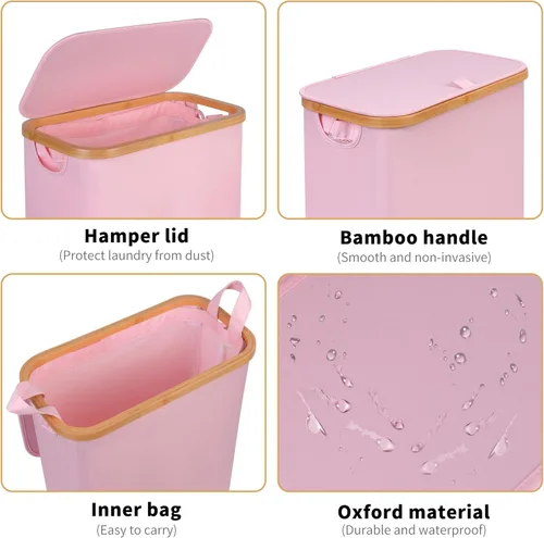Miniatura 3 de iEGrow Cesta de lavandería delgada de 65L, cesta de lavandería estrecha con tapa, cesta de ropa plegable con asas de bambú, cesta de lavandería