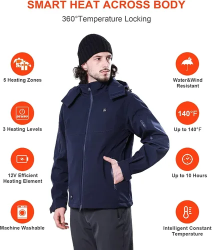 Miniatura 3 de DEWBU Soft Shell Heated Jacket for Men with 12V Battery Pack and Detachable Hood Outdoor Electric Heating Coat