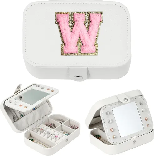 Parima Joyero de viaje para mujeres y niñas, joyero con inicial W para adolescentes y niñas, caja de joyería mediana de viaje para mujer, joyero de