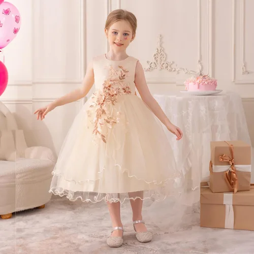 Miniatura 6 de Vestido formal para niña de flores, vestido formal para fiesta de cumpleaños, boda, bordado floral, vestidos de satén de tul para niños de 2 a 12