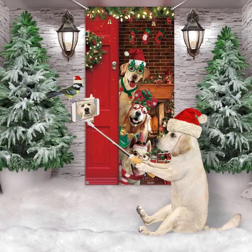 Miniatura 4 de Tiamon Decoración de Cubierta de Puerta de Navidad Divertida Cubierta de Puerta de Feliz Navidad Telón de Fondo Lindo de Perro de Papá Noel