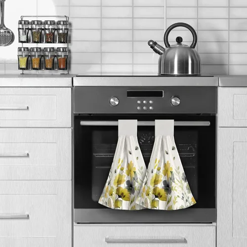 Miniatura 4 de Poppy Flower Hanging Hand Towels Set of 2,17x12 Inch Watercolor Chinoiserie Yellow Black Floral Soft Absorbent Dish Cloth Tie Towel for Kitchen