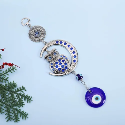 Miniatura 7 de Decoración azul contra el mal de ojo, adorno colgante de búho, colgante de luna, amuleto para colgar en la pared, accesorios