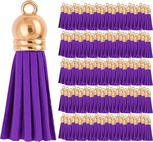 Miniatura 22 de Mandala Crafts 100 borlas de gamuza sintética color aguamarina con tapa dorada, suministros para hacer llaveros a granel, pequeñas borlas de cuero