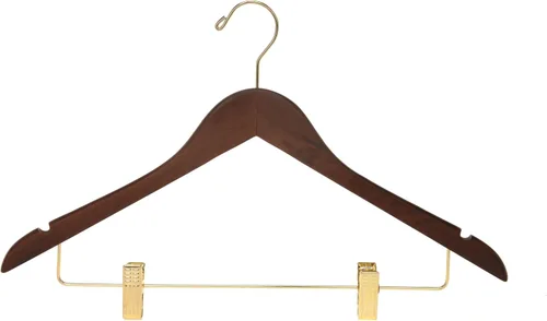 Miniatura 6 de Perchas de madera de calidad para faldas con clips, paquete de 20 perchas de nogal para pantalones con clips de metal dorado ajustables, gancho