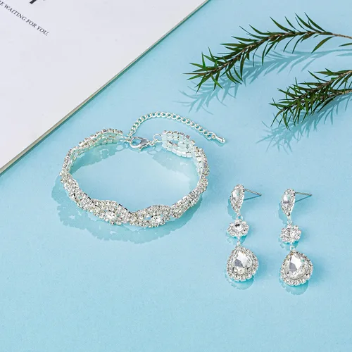 Miniatura 6 de Juego de aretes de diamantes de imitación de plata chapados en oro para boda, novias, damas de honor, piedra de cristal, aretes colgantes, juego