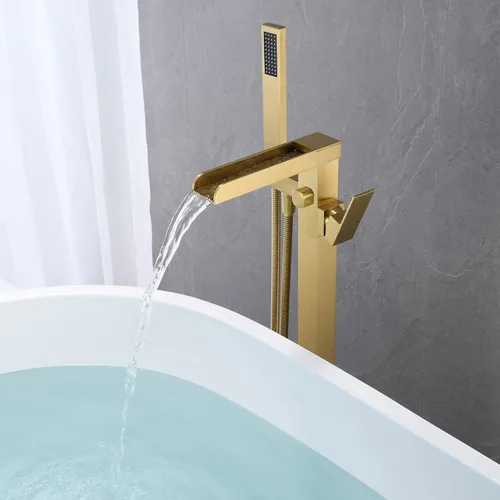 Miniatura 5 de Wowkk Grifo de Bañera Independiente Dorado Cepillado Cascada Llenador de Bañera Montaje en Piso Latón Mango Único Grifos de Baño con Ducha de Mano