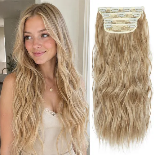 Miniatura 9 de 4 extensiones de cabello sintético con clip, extensiones de cabello rizado de 20 pulgadas de largo con clip (color: marrón medio)