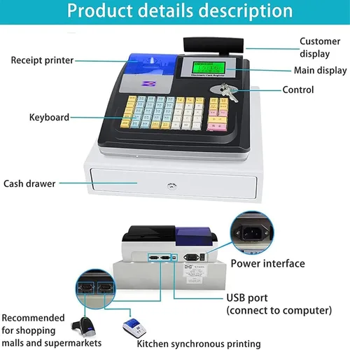 Miniatura 2 de Caja registradora electrónica de 48 teclas, pantalla LED digital de 8 con cajón de efectivo de 12 V, teclado plano e impresora térmica, caja