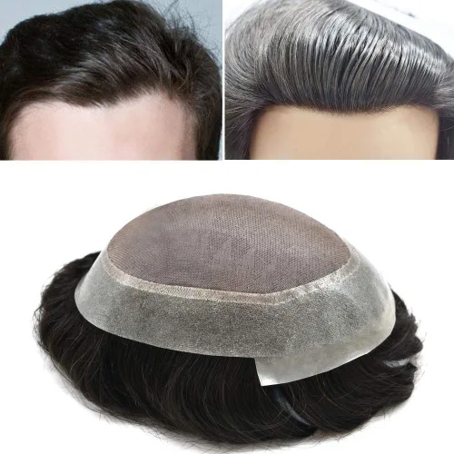 Miniatura 9 de Peluca tipo tupé para hombre, sistema de repuesto de cabello humano #1B, negro natural, duradero, monofilamento fino, monofilamento, piel