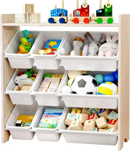 MallBest Organizador de juguetes para niños con 9 contenedores – Estante de almacenamiento de 4 niveles 100% madera maciza para sala de juegos o